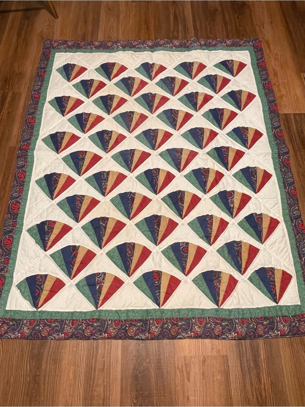 Handmade Fan Lap Patchwork Quilt in Red, Blue, Green